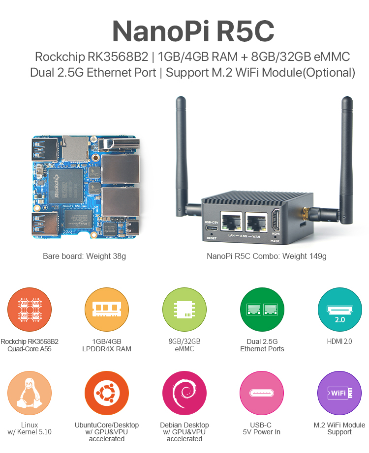 NanoPi R5C双2.5G+M.2 WiFi迷你开发板,全金属外壳,RK3568开发板
